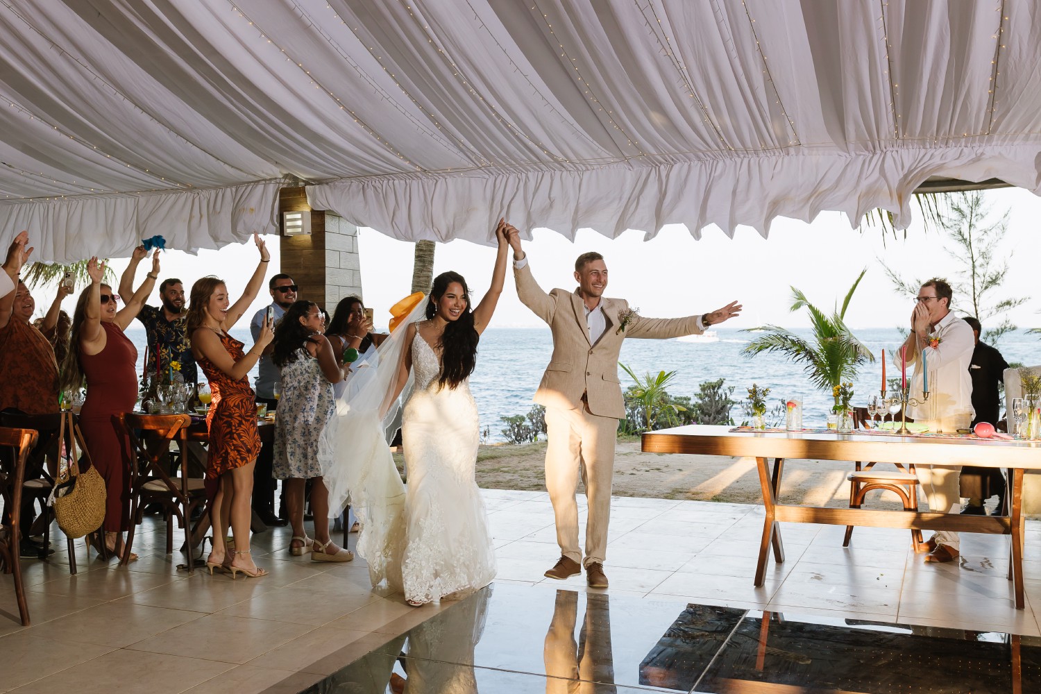 Bride and groom at Ocean Weddings Cancun.